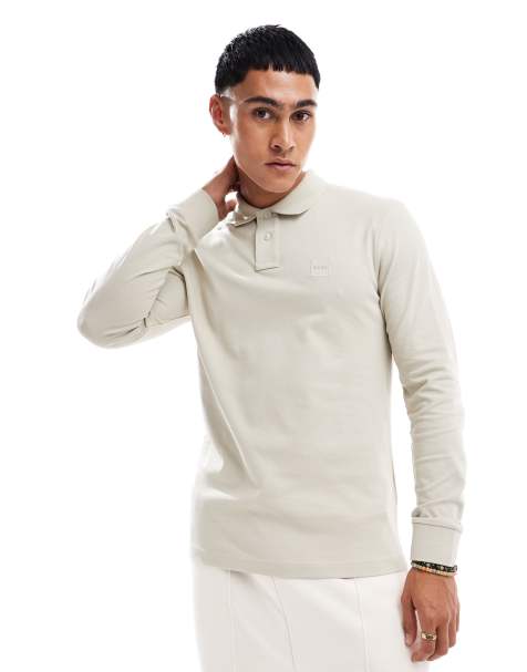BOSS Orange passerby long sleeve polo shirt in beige - view 1