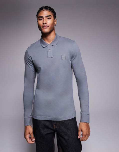 BOSS Orange Passerby long sleeve polo shirt in dark grey - view 1