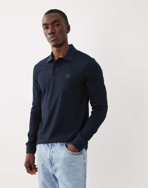 BOSS Orange passerby long sleeve polo shirt in navy - view 1