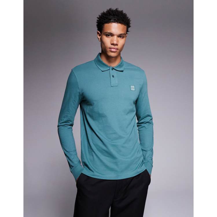 BOSS Orange Passerby long sleeve polo shirt in open green | ASOS