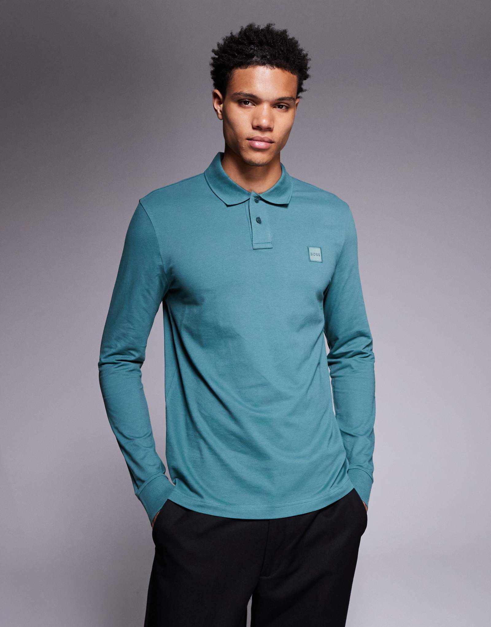 Открытая зеленая рубашка поло BOSS Orange Passerby с длинным рукавом