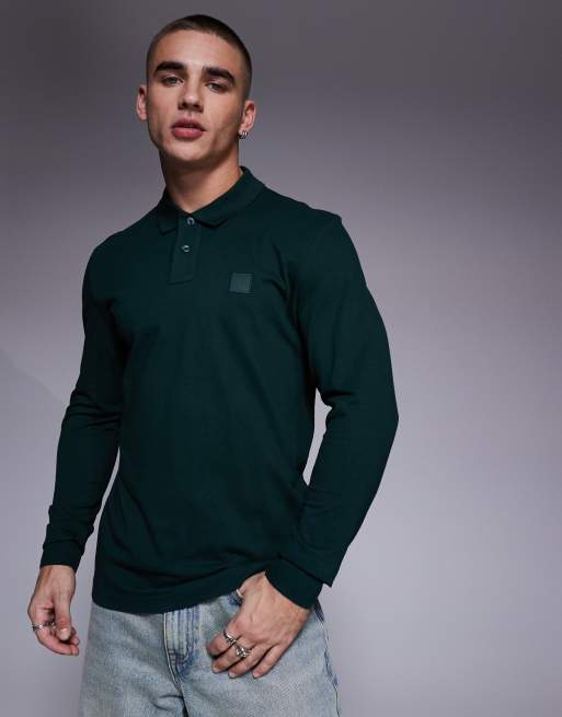 BOSS Orange - Passerby - Polo slim a maniche lunghe in piqué color verde scuro con logo tono su tono