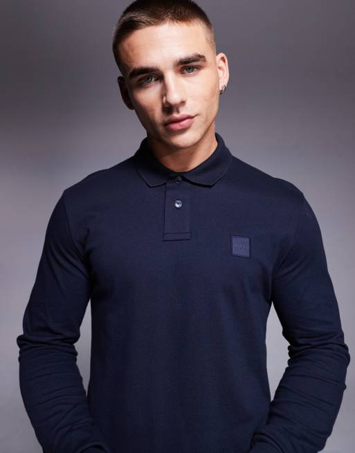 BOSS Orange - Passerby - Polo slim fit in piqué blu navy a maniche lunghe con logo tono su tono