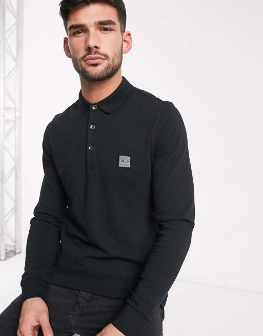 entusiasme Citron Lager BOSS Orange Passerby slim fit long sleeve logo polo in black | ASOS