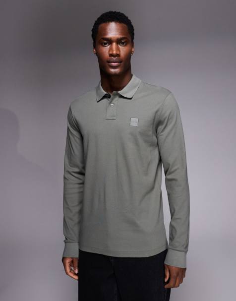 BOSS Orange passerby tonal logo long sleeve pique polo in mid grey - view 1