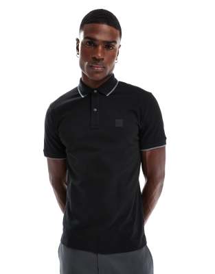 Passertip icon logo slim fit tipped pique polo in black