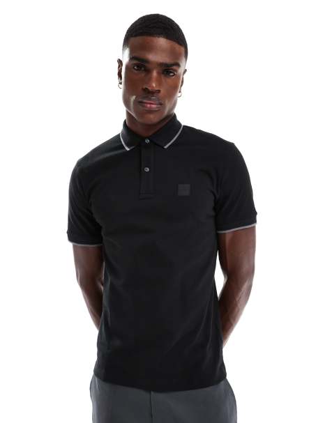 BOSS Orange Passertip icon logo slim fit tipped pique polo in black - view 1
