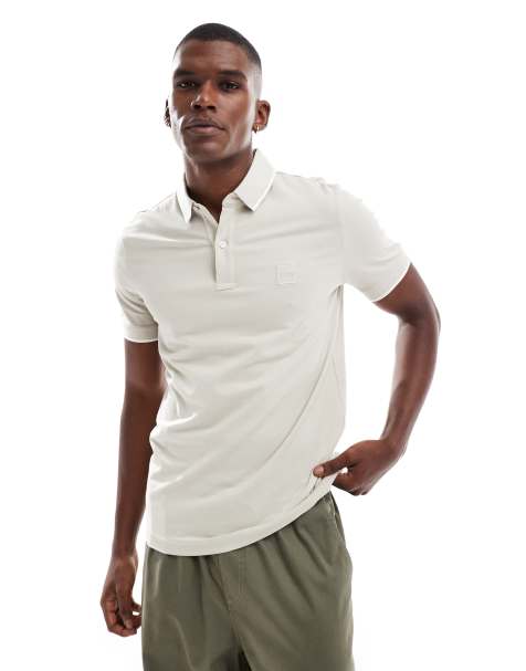BOSS Orange – Passertip – Pikee-Polohemd in Hellbeige mit Markenlogo, schmalem Schnitt und Zierstreifen - view 1