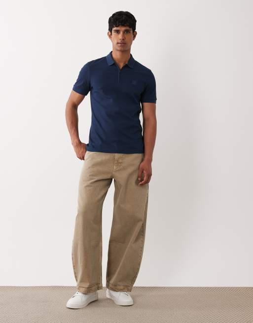 BOSS Orange passerzip pique polo shirt in navy, 2 of 5