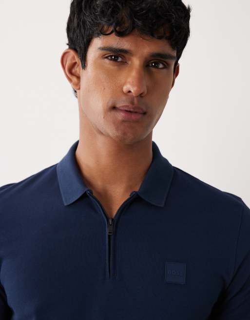 BOSS Orange passerzip pique polo shirt in navy, 3 of 5