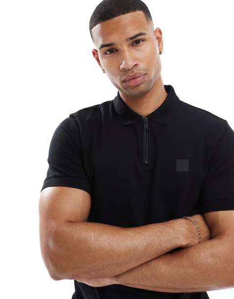 BOSS Orange Passerzip tonal logo slim fit polo in black - view 1