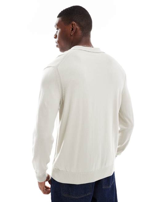 Boss Orange - Polo a maniche lunghe in maglia color beige chiaro, 4 di 4