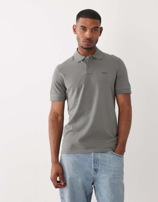 BOSS Orange - Polo grigio medio in piqué di cotone con logo tono su tono, 3 di 5