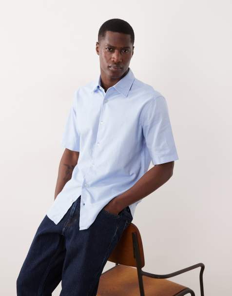 BOSS Orange regular fit cotton short sleeve button up shirt in blue - view 1
