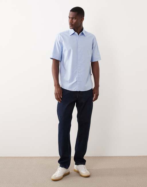 BOSS Orange regular fit cotton short sleeve button up shirt in blue, 3 of 5