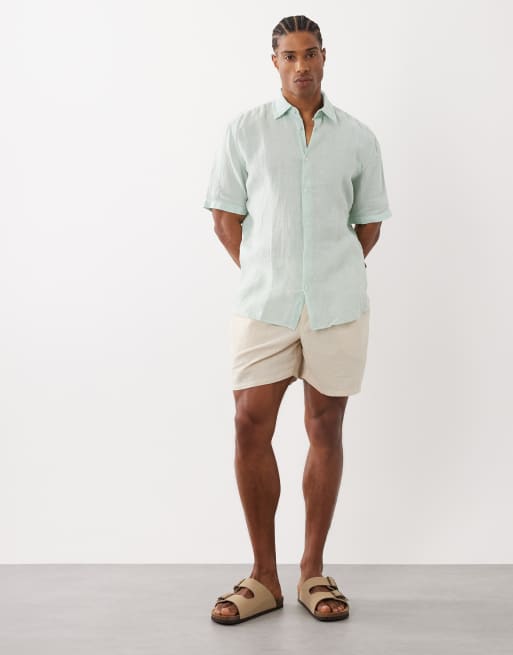 BOSS Orange regular fit linen short sleeve button up shirt in turquoise, 2 of 5
