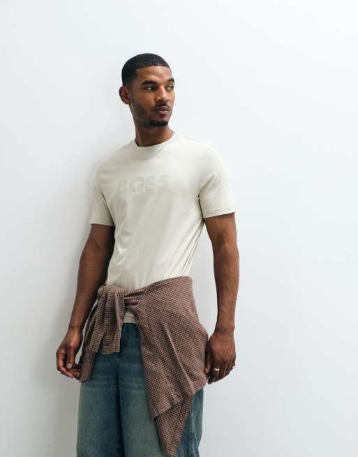 BOSS Orange regular fit tonal logo t-shirt in light beige, 4 of 5