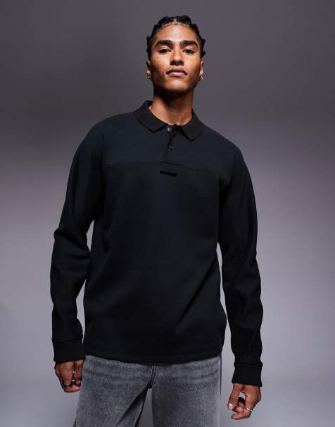 Boss Orange relaxed fit central logo heavyweight polo shirt in black - view 1