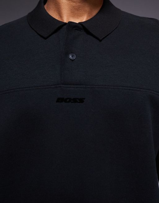 Boss Orange relaxed fit central logo heavyweight polo shirt in black, 5 of 5