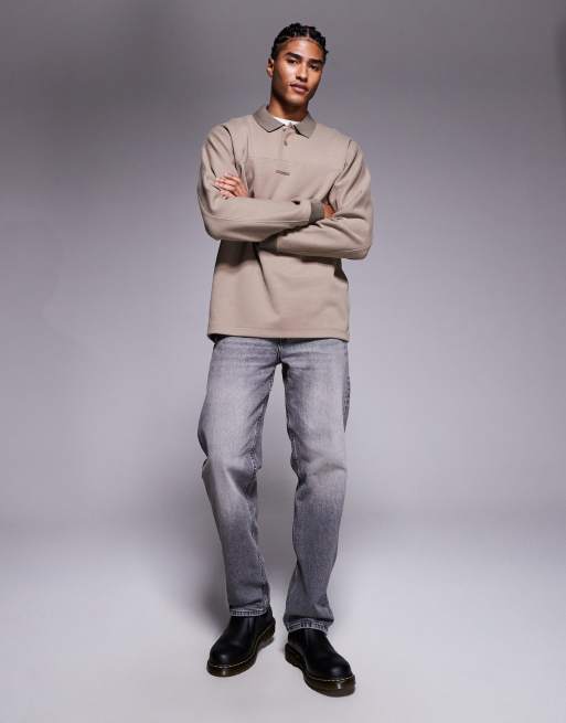 Boss Orange relaxed fit central logo heavyweight polo shirt in dark beige, 2 of 5