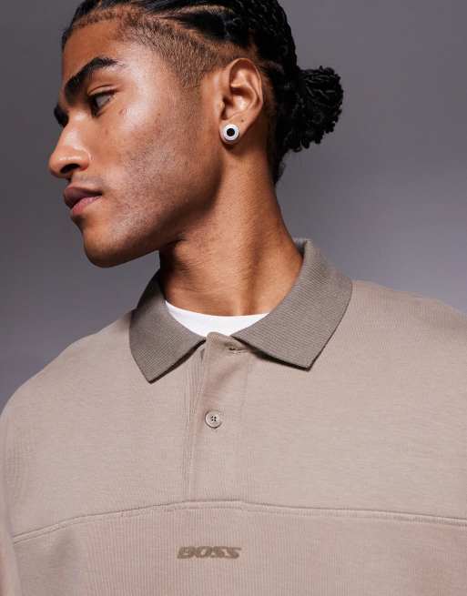 Boss Orange relaxed fit central logo heavyweight polo shirt in dark beige, 5 of 5