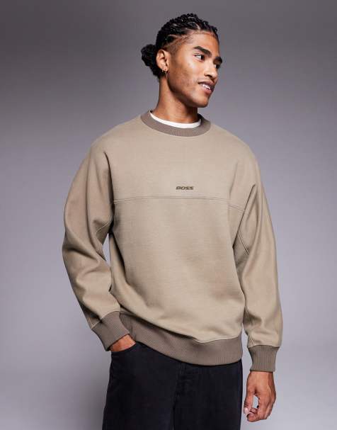 Boss Orange relaxed fit central logo heavyweight sweatshirt in dark beige - view 1