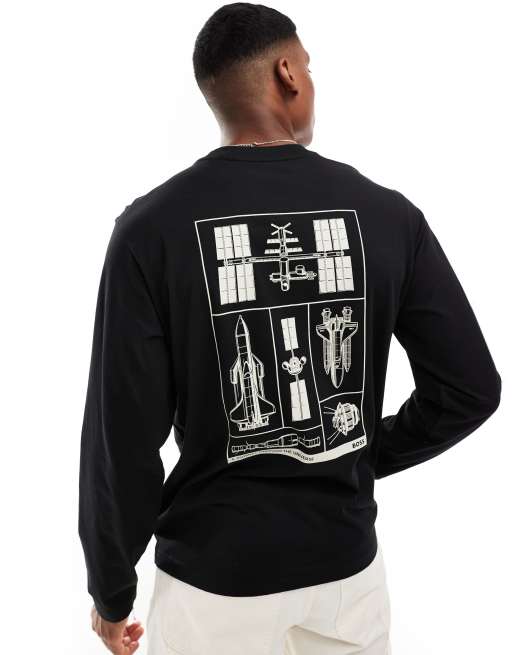 BOSS Orange - Ruimvallend T-shirt met lange mouwen en print op de achterkant in zwart