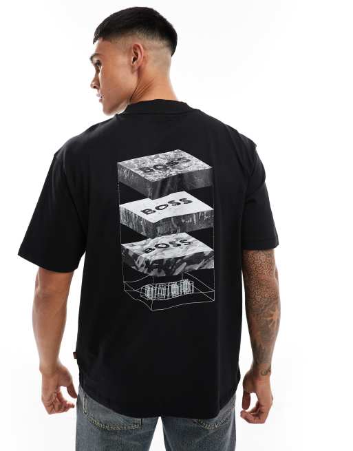 BOSS Orange - Sort t-shirt med afslappet pasform og geologisk print på brystet og ryggen