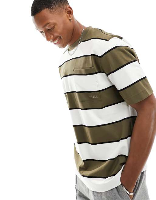 BOSS Orange - T-shirt a righe color kaki con logo sulla tasca