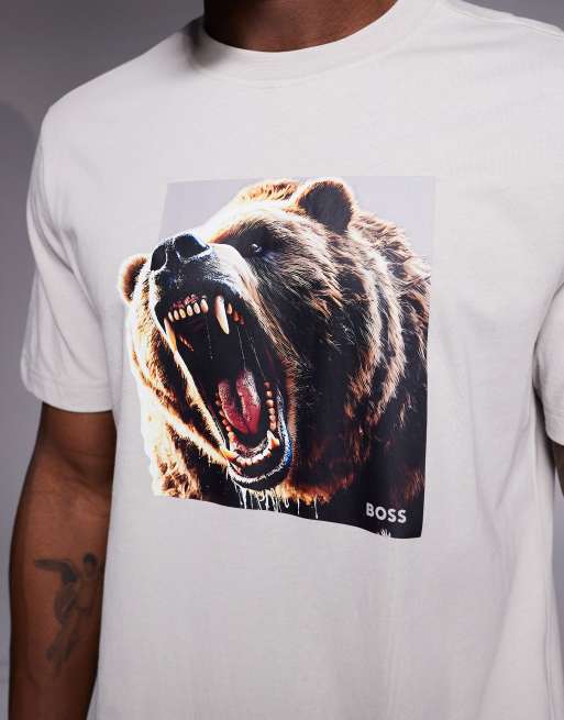 BOSS Orange - T-shirt grigia con stampa di orso, 5 di 5