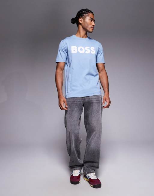 BOSS Orange – T-Shirt in Hellblau mit Logo auf der Brust in gefrorener Optik, 2 von 5