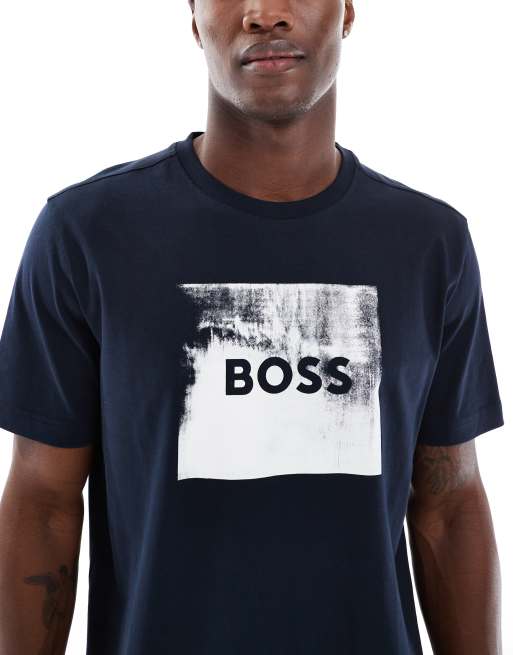 BOSS Orange - T-shirt in marineblauw met print op de borst, 3 van 4