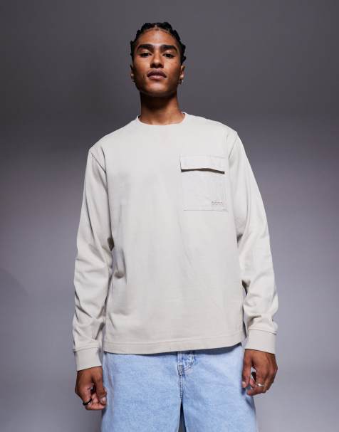 BOSS Orange - T-shirt met opgestikte borstzak, ruimvallende pasvorm en lange mouwen in lichtbeige - view 1