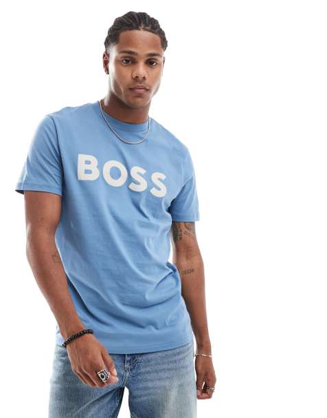 BOSS Orange - T-shirt met wit logo in lichtblauw - view 1