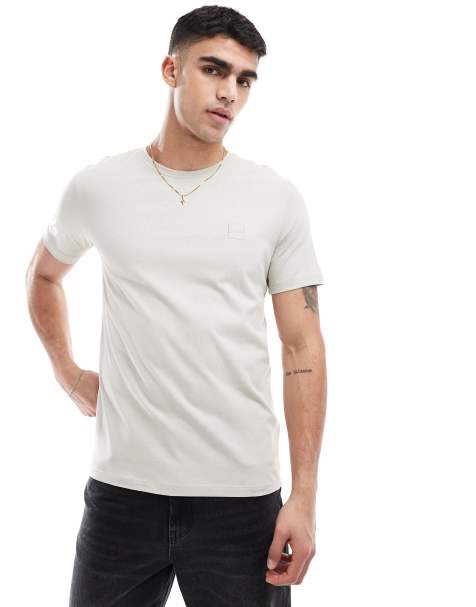 BOSS Orange - Tales - T-shirt met ruimvallende pasvorm en vierkant logo in beige - view 1