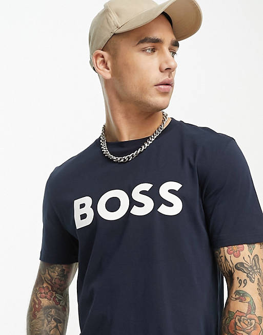 BOSS Orange Thinking 1 large logo t-shirt in navy | ASOS