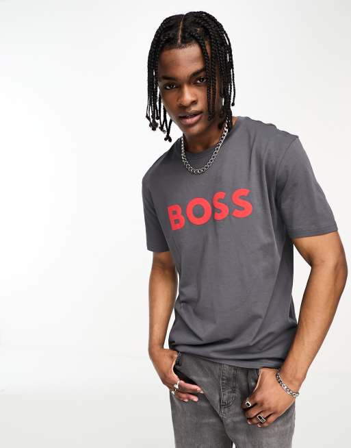 BOSS Orange – Thinking 1 – T-Shirt in Dunkelgrau mit Logo