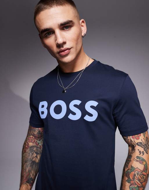 BOSS Orange Thinking large chest logo t-shirt regular fit in navy