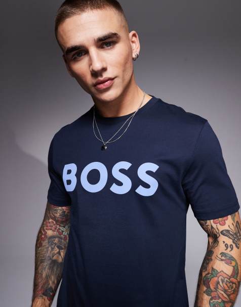 BOSS Orange – Thinking – Marinblå t-shirt i regular fit med stor logga på bröstet - view 1