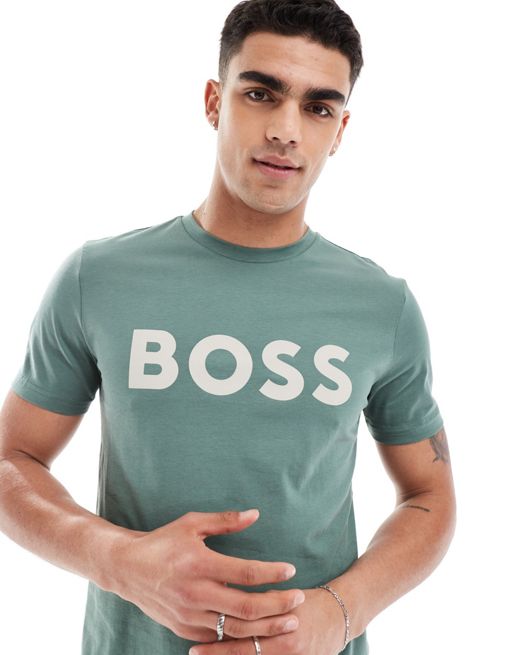 BOSS Orange thinking t-shirt in green with logo print