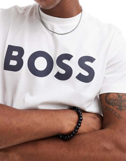 BOSS Orange thinking t-shirt in white with logo print, 3 of 4