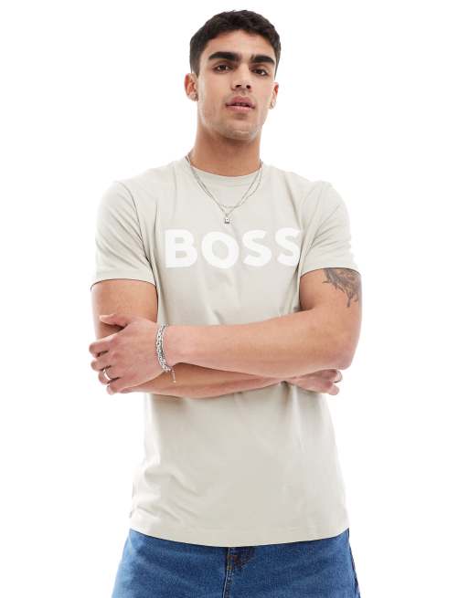 BOSS Orange - Thinking - T-shirt met logo in lichtbeige