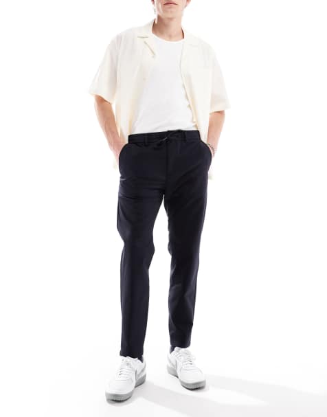 BOSS Orange - Toelopende chinobroek met textuur en trekkoord in marineblauw - view 1