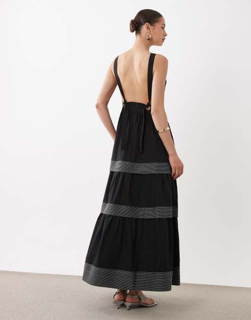 BOSS Orange - Vestido midi negro con falda de corte amplio y paneles transparentes, 4 de 4