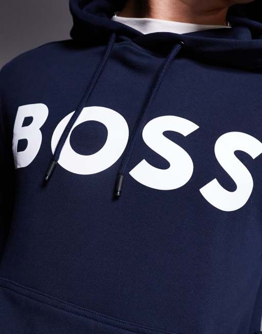 BOSS Orange - Webasic - Felpa blu navy vestibilità comoda con cappuccio e logo grande sul petto, 3 di 4