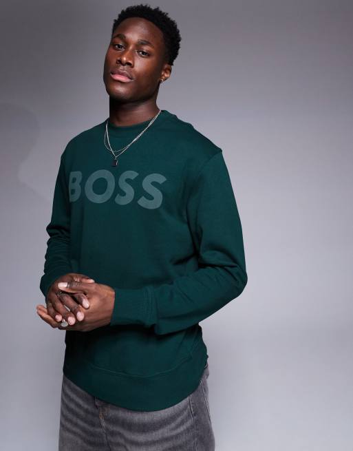 BOSS Orange - WeBasicCrew - Felpa taglio comodo color verde scuro con logo grande tono su tono sul petto