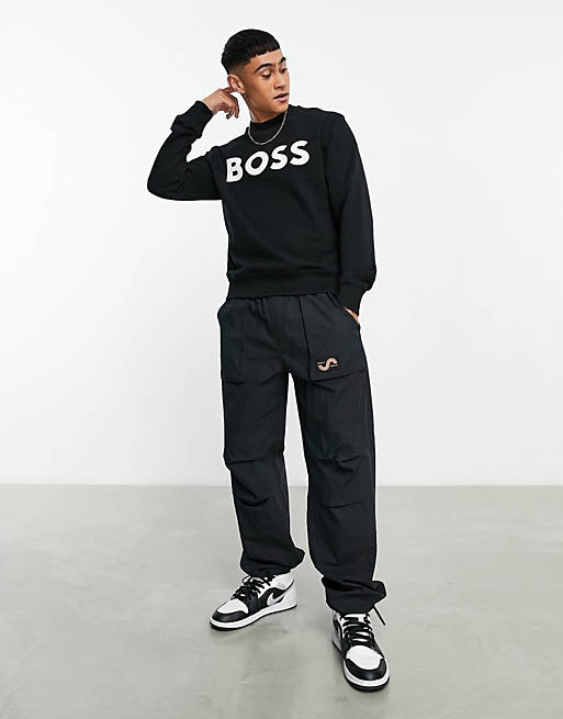 BOSS Orange WeBasicCrew large logo relaxed fit sweatshirt in black | ASOS