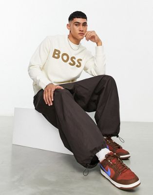 BOSS Orange WeBasicCrew large logo relaxed fit sweatshirt in light beige |  ASOS