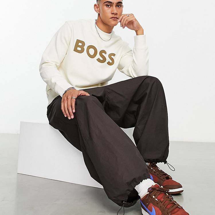 BOSS Orange WeBasicCrew large logo relaxed fit sweatshirt in light beige |  ASOS