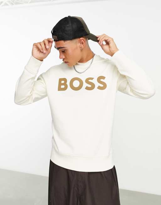 BOSS Orange WeBasicCrew large logo relaxed fit sweatshirt in light beige |  ASOS